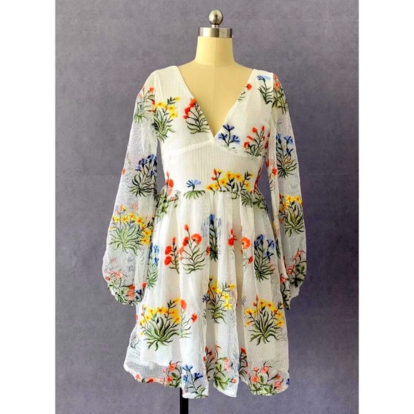 New A line Mesh Embroidered Puff Sleeve Dress - Picture 4 of 5